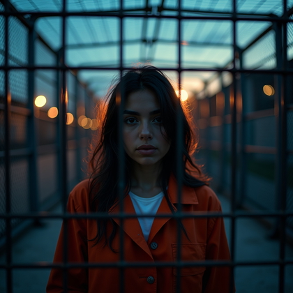 AI-generated photo: Photorealistic prison photography. The scene is set in an outdoor recreation cage at dusk, with the ...