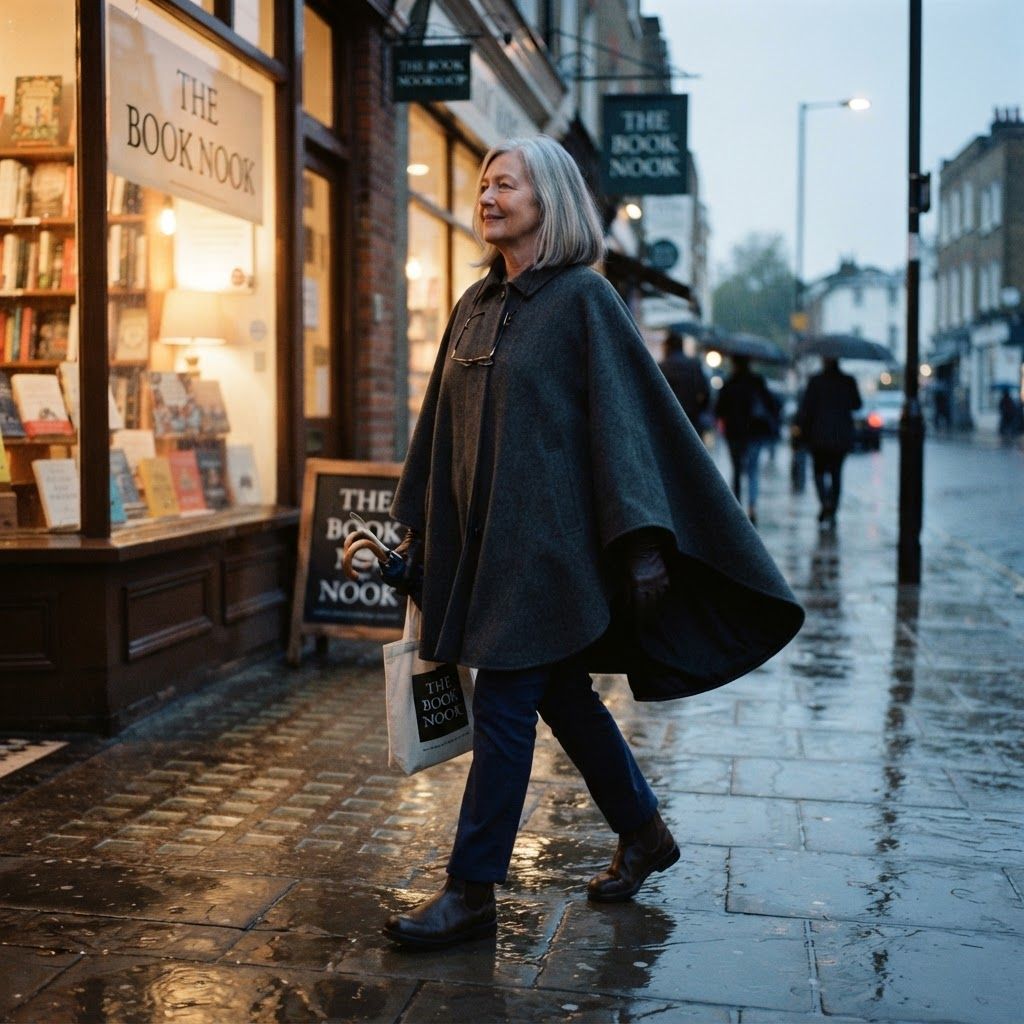Rain-Swept Cape Commute: Photograph one person mid-stride along a wet sidewalk outside a neighborhood bookshop, framed full-length with warm window light behind and…