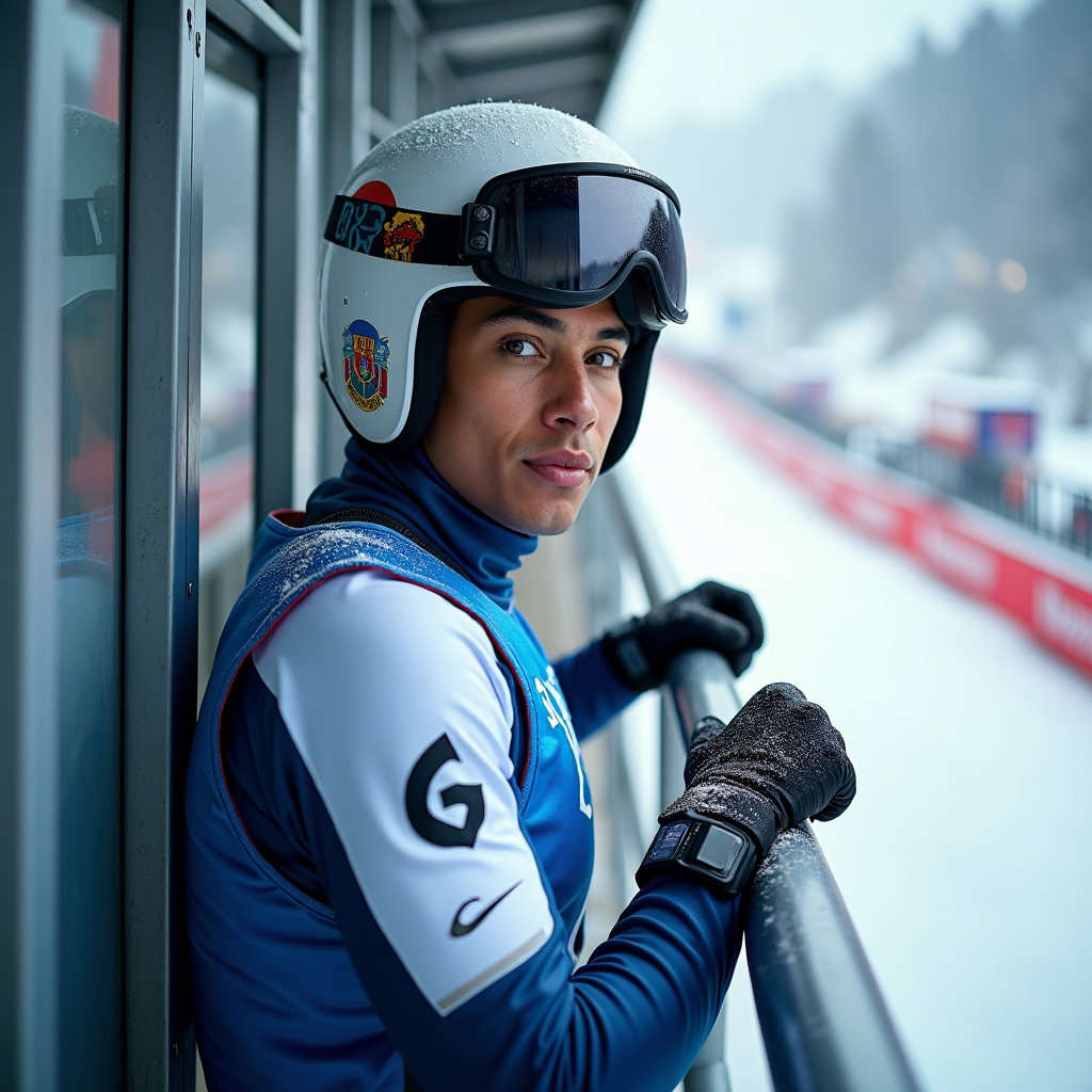 AI-generated photo: Photorealistic on-location portrait photograph at the start gate. The athlete stands in full race ge...