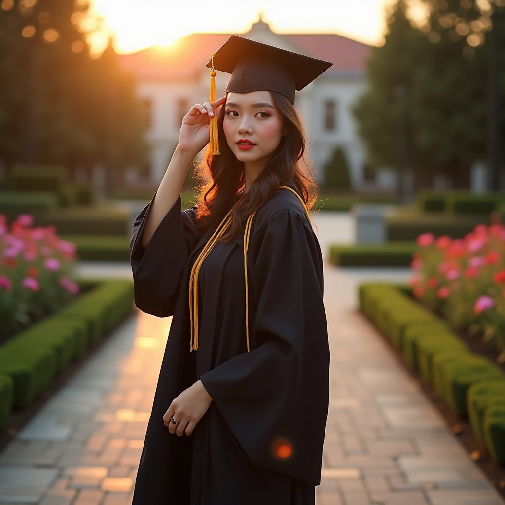 AI-generated photo: Photorealistic fashion portrait photography, a high-end tassel-touch graduation portrait staged in a...