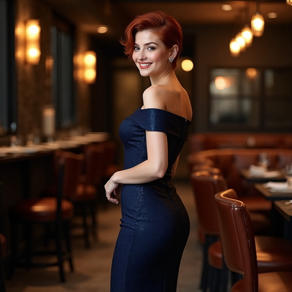 AI-generated photo: Classy and Elegant Evening Wear photo capturing a woman in a chic, navy blue cocktail dress with an ...