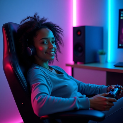 AI-generated photo: Photorealistic portrait photography. A casual gamer lounges back in a modern gaming chair, one arm r...