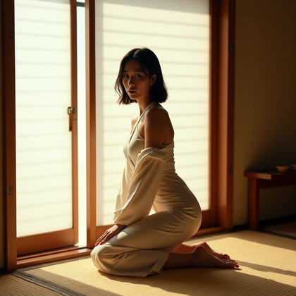 AI-generated photo: Photorealistic fashion portrait photography. The subject kneels near an open shoji panel in a quiet ...