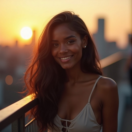 Dating profile photo, a half-body golden-hour rooftop portrait with the subject leaning lightly against a railing, shoulders relaxed, making direct eye contact with an easy flirtatious expression. Use smart-casual date-night styling, city skyline bokeh, warm amber light, refined contrast, and an uncluttered composition that feels confident and aspirational.