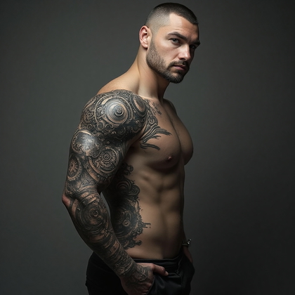 AI-generated photo: Photorealistic photography of a man with a classic biomechanical tattoo on his left leg. The tattoo ...
