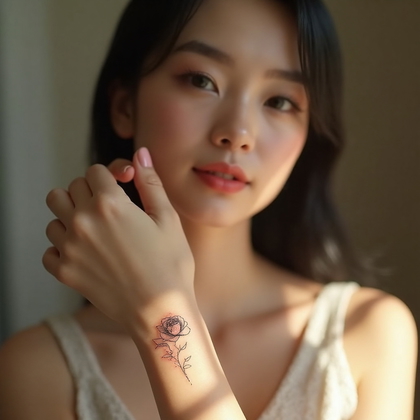 AI-generated photo: Photorealistic photography capturing a serene setting with a woman gently posing her wrist up toward...