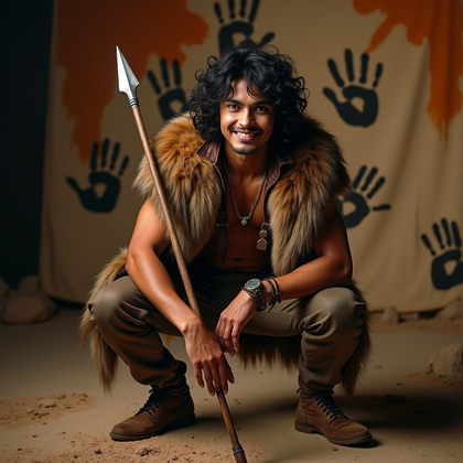 AI-generated photo: Photorealistic studio fashion portrait set on a stylized “cave wall” backdrop with charcoal handprin...