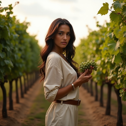 Photorealistic lifestyle photography among vineyard rows in late afternoon, where filtered sunlight through high clouds turns backlit leaves into translucent greens and tiny dust motes sparkle in the air. The subject stands on the earthen path between trellises facing the camera with a relaxed stance, one hand lightly lifting a cluster of grapes near shoulder level while the other falls naturally at the side, inviting a confident, sensual read without obscuring the face. A warm, diffused key from the sun softened by cloud cover wraps the features, and a subtle negative fill from the shaded row opposite deepens dimensionality for a sculpted look. Composition uses layered foreground leaves as a soft frame, leading lines of the wires drawing straight toward the face, and a tasteful flare feathered along one edge of the frame to suggest atmosphere. Wardrobe is elevated-casual—breathable summer layers with fine textures and a slim belt—complementing the earthy palette without competing with the face or expression. Dusty boots, grape leaves, and weathered posts add tactile realism, while a gentle breeze implied by a drifting hem adds energy to the scene.