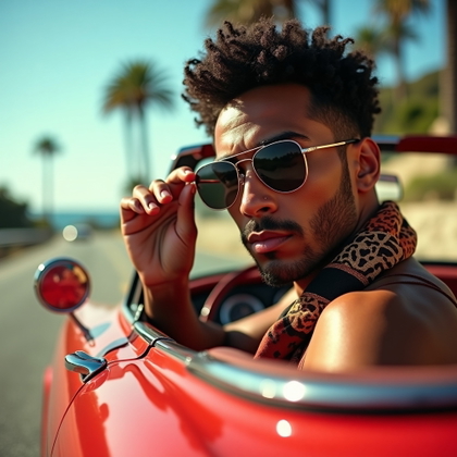 Close-Up Riviera Beauty Portraits With Sunglasses, Scarves, or Windblown Hair example: Photorealistic portrait photography. Unexpected creative close-up using a vintage convertible’s side mirror to frame the
