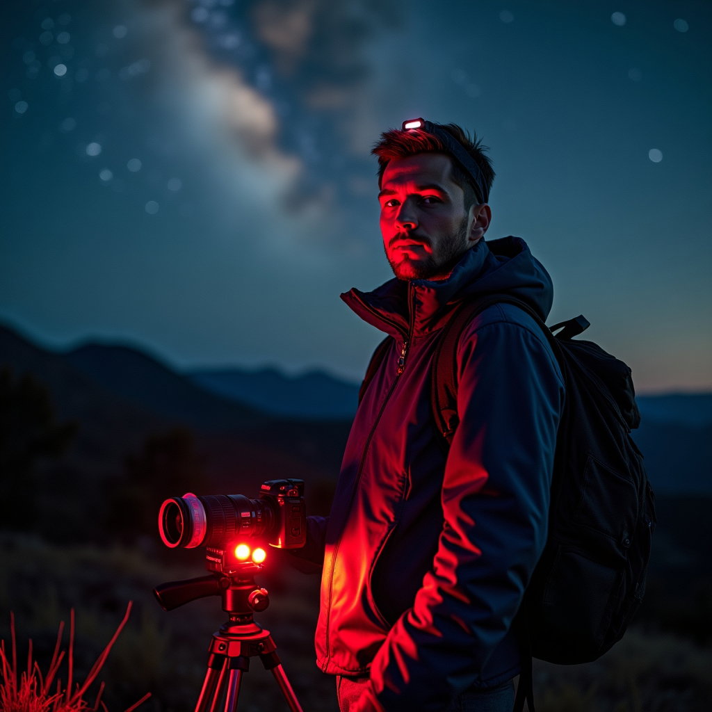 AI-generated photo: Photorealistic portrait photograph, astro explorer standing confidently in a dark outdoor setting wi...