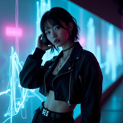 AI-generated photo: Photorealistic fashion portrait photography, waist-up shot of an edgy gamer standing in front of a t...