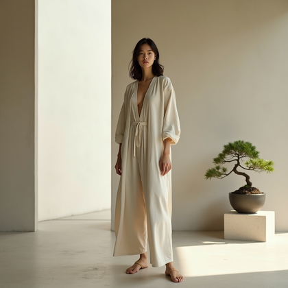 AI-generated photo: Fashion portrait photography, a minimalist zen-inspired portrait staged in a modern Japanese-inspire...