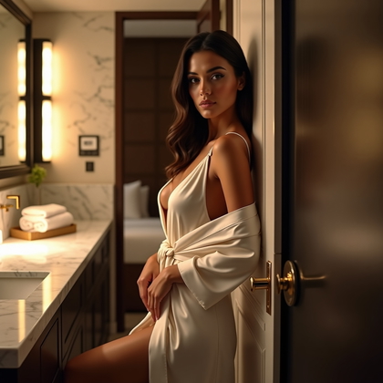 AI-generated photo: Photorealistic boudoir photography, an upscale robe reveal staged in a boutique hotel bathroom doorw...