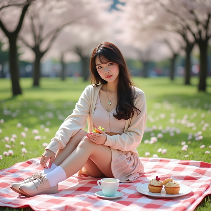 AI-generated photo: Lifestyle fashion photography, a cute kawaii solo concept staged during a spring picnic in a Tokyo-s...