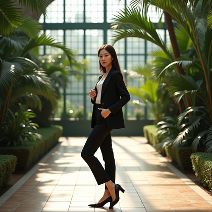AI-generated photo: Photorealistic editorial fashion photograph in a grand botanical conservatory where towering glass p...