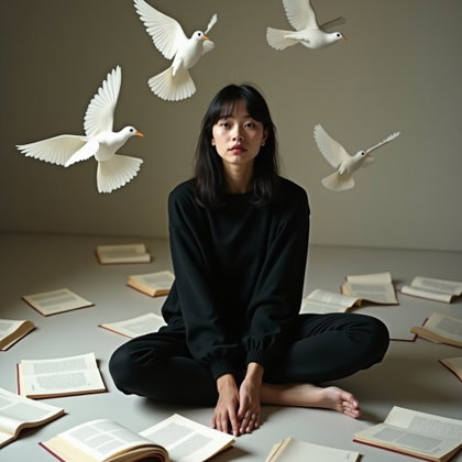 Floor-Sitting Portrait Surrounded by Scattered Pages example: Photorealistic conceptual portrait photography. Unexpected surreal floor-sitting portrait with the subject surrounded by