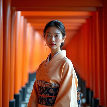 AI-generated photo: Fashion portrait photography, a traditional kimono portrait set at the entrance of a vermilion shrin...