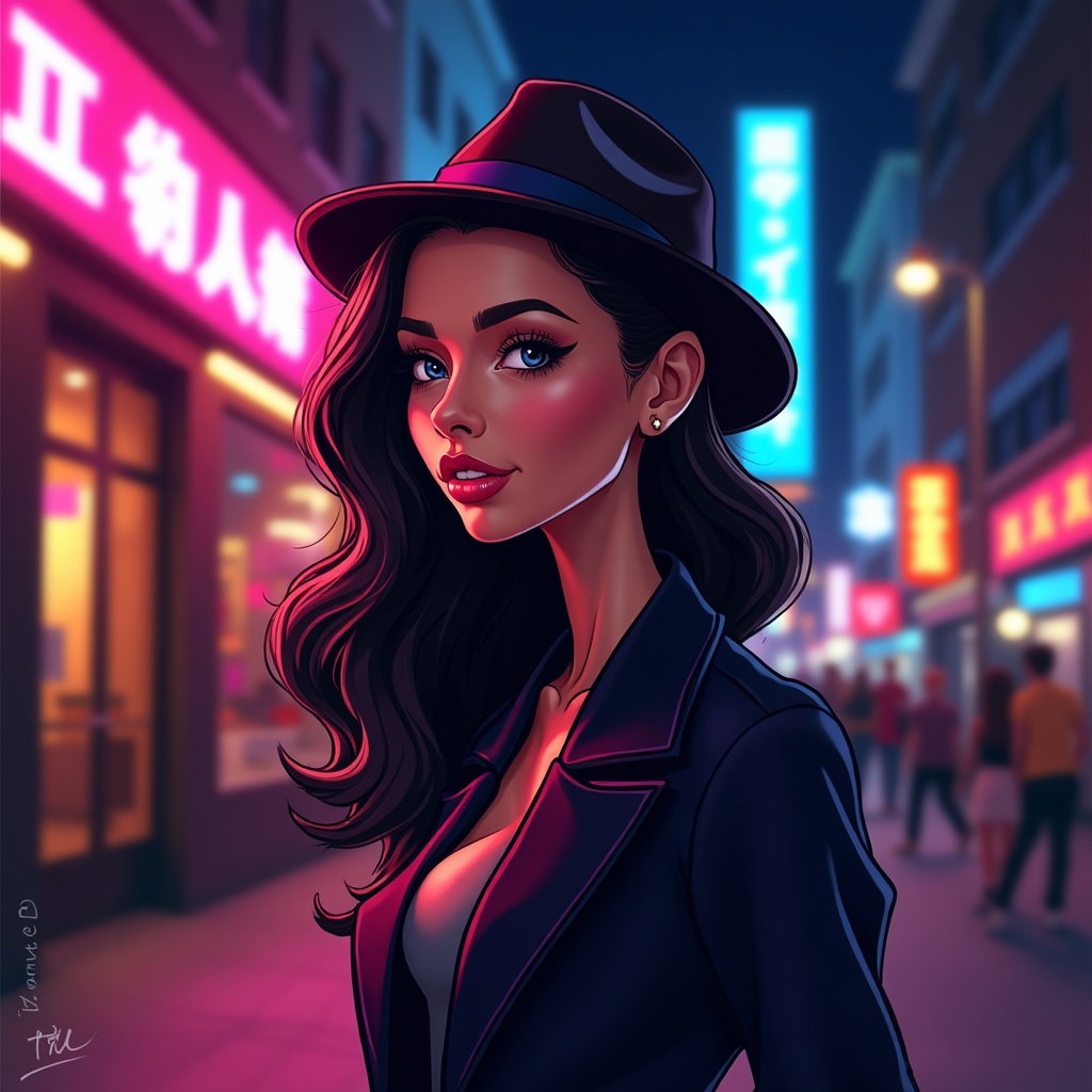AI-generated photo: Vector caricature illustration. A nightlife street scene with luminous signage casting a saturated c...