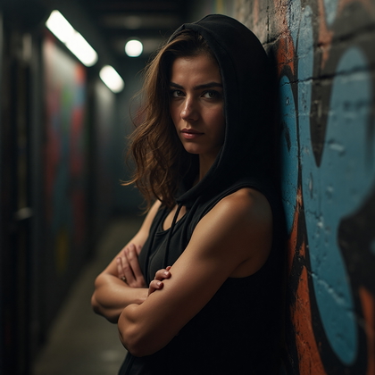 AI-generated photo: **Professional photorealistic portrait.** In the dimly lit hallway leading to the octagon, a UFC fig...