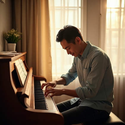 AI-generated photo: Hobby-Inspired Lifestyle photo capturing a man passionately playing an upright piano in a cozy, warm...