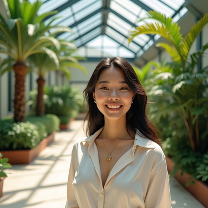 Photorealistic smartphone selfie photo in a sunlit botanical conservatory with towering palms, fern fronds, and ribbed glasshouse beams casting crisp leaf-shaped shadows on a marble walkway; arm’s-length eye-level framing with a relaxed half-turn toward the camera, confident posture, elegant casual outfit with breathable linen layers and a minimal pendant, and a bright, fresh atmosphere that keeps the face fully unobstructed and luminous.