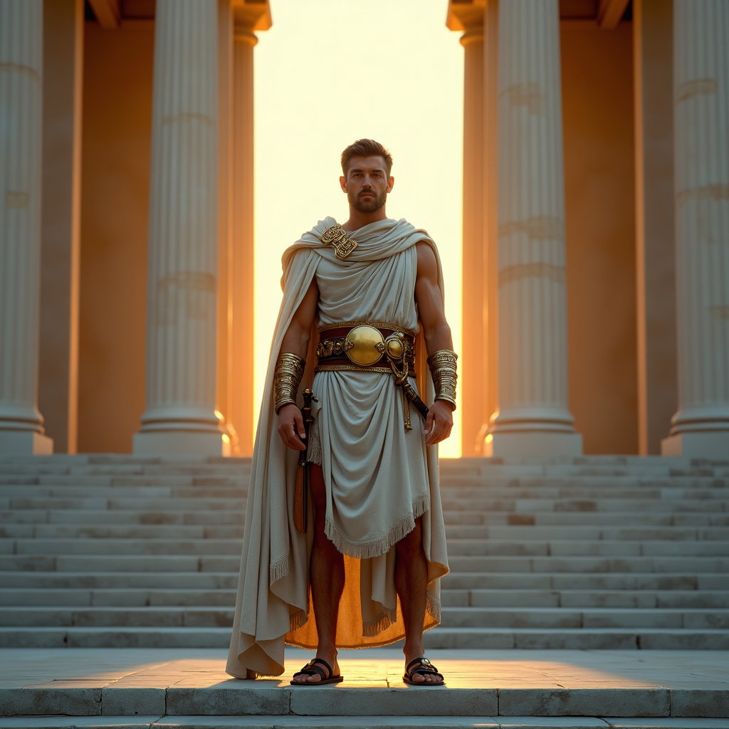 Solo Full-Body Temple Steps Hero Stance example: Cinematic fantasy portrait photo. A solo hero stands full-body on broad marble temple steps in a powerful front-facing s