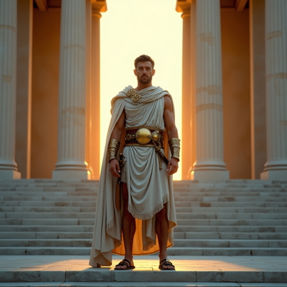 Solo Full-Body Temple Steps Hero Stance example: Cinematic fantasy portrait photo. A solo hero stands full-body on broad marble temple steps in a powerful front-facing s