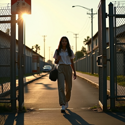 AI-generated photo: Photorealistic, cinematic release-day gate portrait photograph, shot slightly from below to give a s...