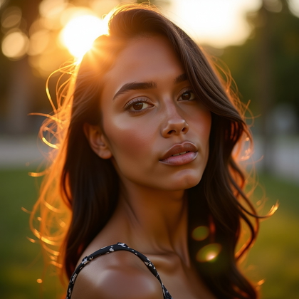 AI-generated photo: Photorealistic beauty portrait photograph, close-up shot outdoors at golden hour where the low sun c...