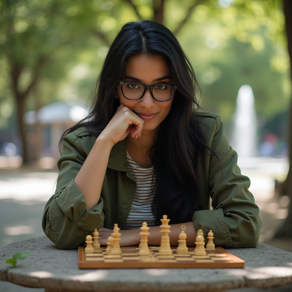Hobby photo portraying a woman passionately playing chess in a quiet, sun-dappled park. She is seated at a stone chess table, deeply engrossed in the game, wearing a casual, fitted olive green jacket over a striped t-shirt. Her posture is relaxed yet attentive, with one hand thoughtfully resting on her chin, the other poised to move a piece. Her expression is an intriguing mix of intense focus and playful curiosity, eyes scanning the board for strategic possibilities. The background features the gentle sway of trees and a nearby fountain, adding an element of serenity to the competitive setting. The sunlight filters through the branches, casting dappled shadows on the ground, creating a tranquil and contemplative atmosphere.