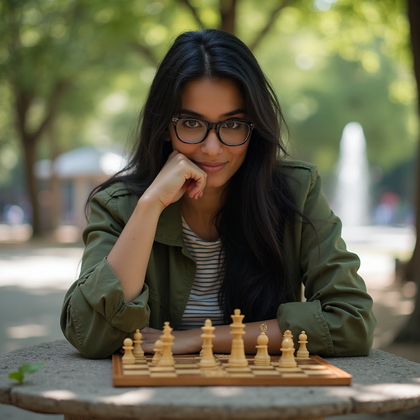 AI-generated photo: Hobby photo portraying a woman passionately playing chess in a quiet, sun-dappled park. She is seate...
