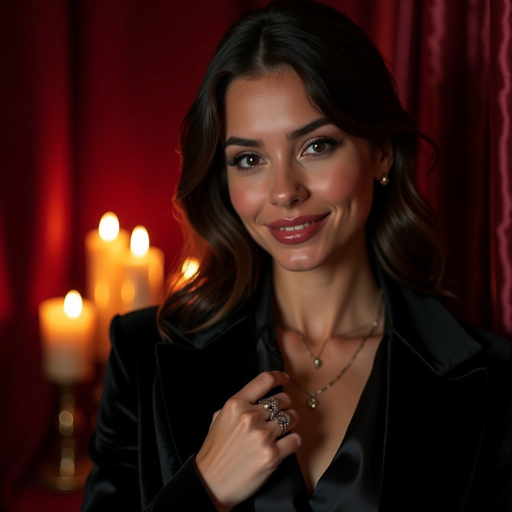 Candlelit Velvet Close-Up example: Dating profile photo, candlelit close-up beside burgundy velvet drapery, with the subject angled slightly toward the lig