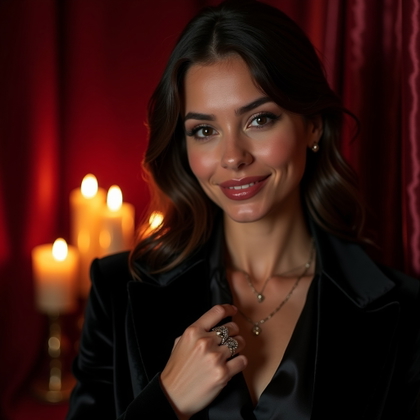 Candlelit Velvet Close-Up example: Dating profile photo, candlelit close-up beside burgundy velvet drapery, with the subject angled slightly toward the lig