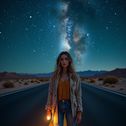 AI-generated photo: Photorealistic lifestyle nightscape of a stylish adventurer standing at the center of a long, empty ...