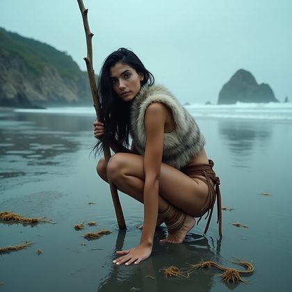 AI-generated photo: Photorealistic photography on a rugged tidal flat at dawn, the subject in a poised tracking crouch o...