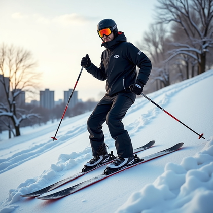 AI-generated photo: Photorealistic winter fashion-sport portrait on a snow-blanketed city park hillside after a blizzard...