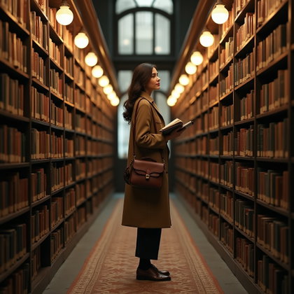 Vintage Bookshop Aisle Portrait With a Secretive Smile example: Photorealistic full-body portrait photography. Standing alone at the end of a vintage bookshop aisle, one hand sliding a