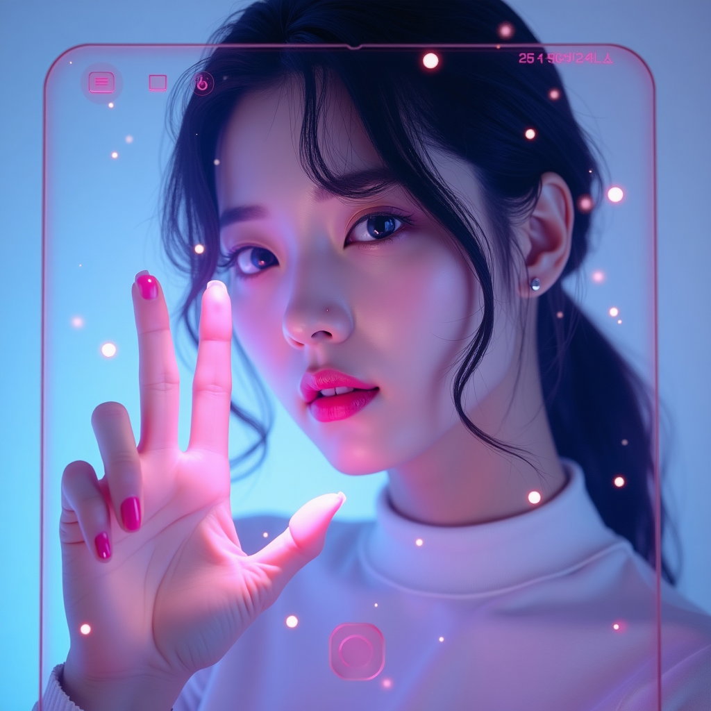 Sacred Seal Hand-Pose Portrait example: Cinematic K-pop fantasy poster photo illustration. Unexpected photocard concept where the subject appears behind a trans