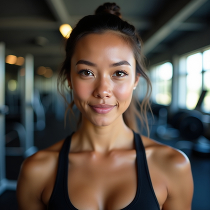 AI-generated photo: Photorealistic gym close-up portrait photograph: face centered and unobstructed with a confident, fo...