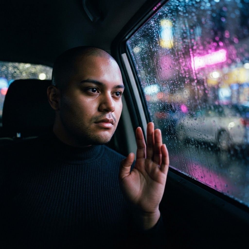 Car Window Reflection: Moody close-up through a rain-dotted car window with the subject seated inches from the glass, fingertips lightly touching the inside of the…