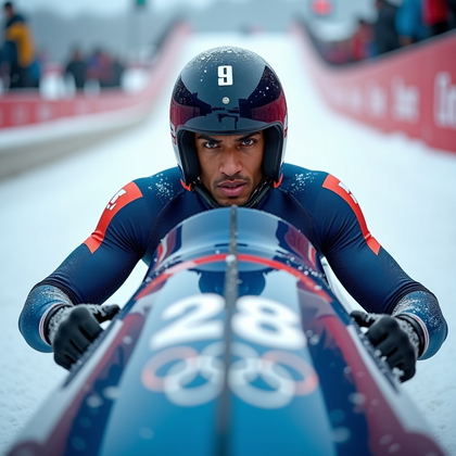 AI-generated photo: Photorealistic sports photography. A bobsleigh pilot sits inside the sled at the top of the icy trac...