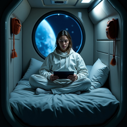 AI-generated photo: Cinematic photorealistic portrait photography, an astronaut sits cross-legged on a lower sleeping bu...