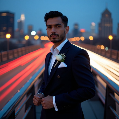 AI-generated photo: Photorealistic wedding portrait photo on a city bridge at blue hour with sweeping architectural line...