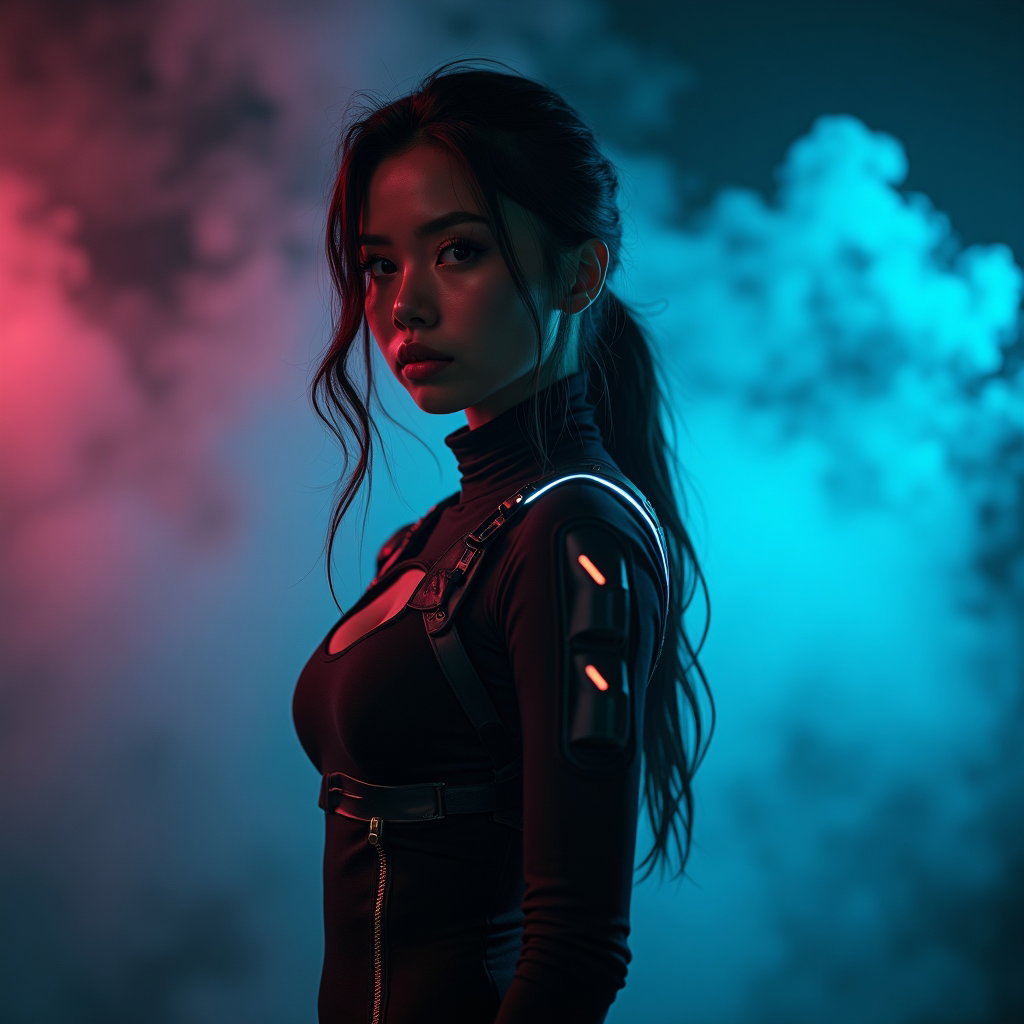 AI-generated photo: Photorealistic gaming portrait photography. The subject stands in front of a moody, smoke-filled bac...