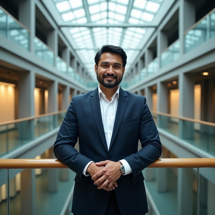 LinkedIn photo on an indoor atrium balcony, positioned beside a clear glass balustrade overlooking a multi-story void with suspended acoustic baffles and a skylight grid softly glowing above, composed from mid-chest up with a confident, upright stance and clasped hands resting lightly at the railing without covering the torso. Cross-illumination from skylight bounce and a discreet hidden fill keeps the face evenly lit with crisp catchlights while the background falls into elegant blur. The wardrobe is formal—tailored jacket, pressed shirt, subtle pocket square or simple necklace—communicating authority without distraction. Strong verticals and gentle curvature from the architectural lines frame the face on the upper third for an elevated corporate aesthetic.
