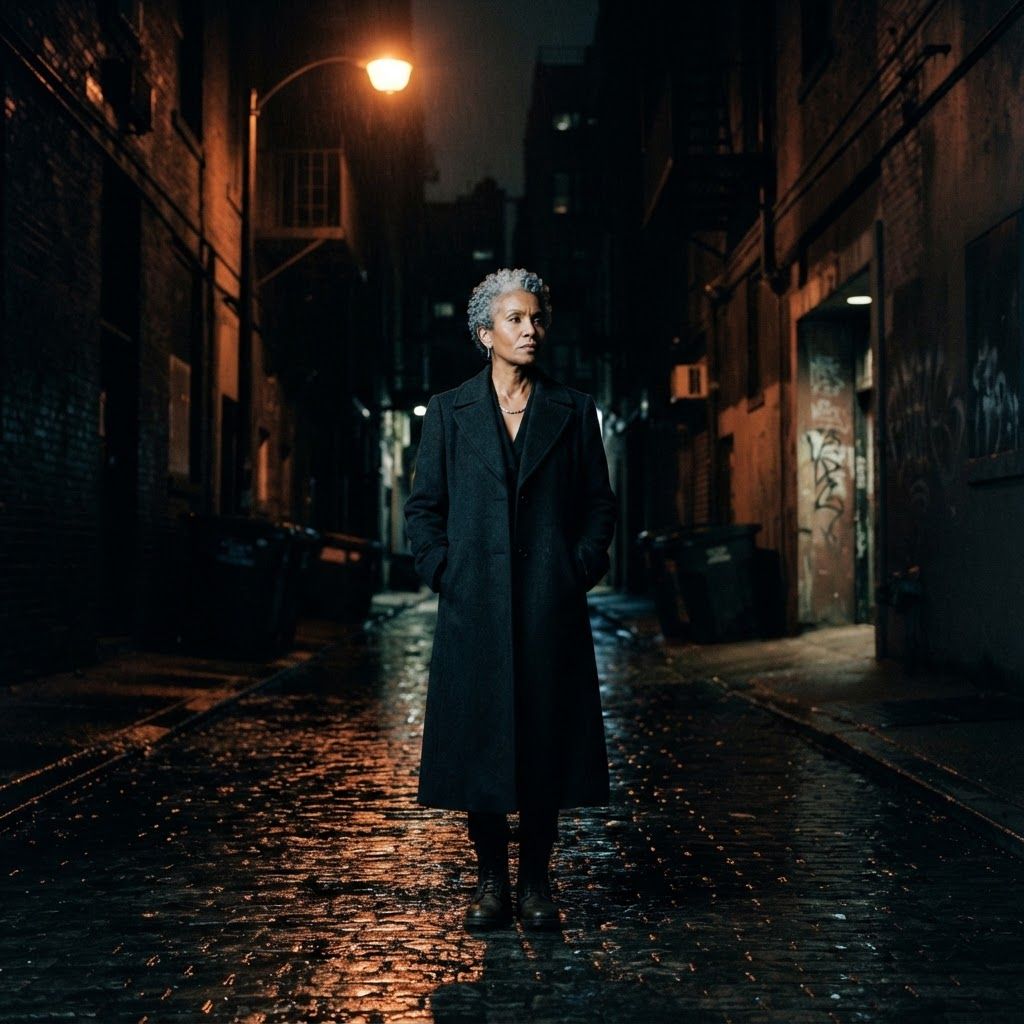 Rainy Alley Stakeout: Full-body midnight alley portrait of a solitary lead character waiting beneath a streetlamp after rain, hands in the pockets of a dark…