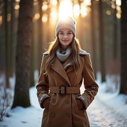 AI-generated photo: Photorealistic portrait on a forest path where the low sun filters through evergreens directly behin...