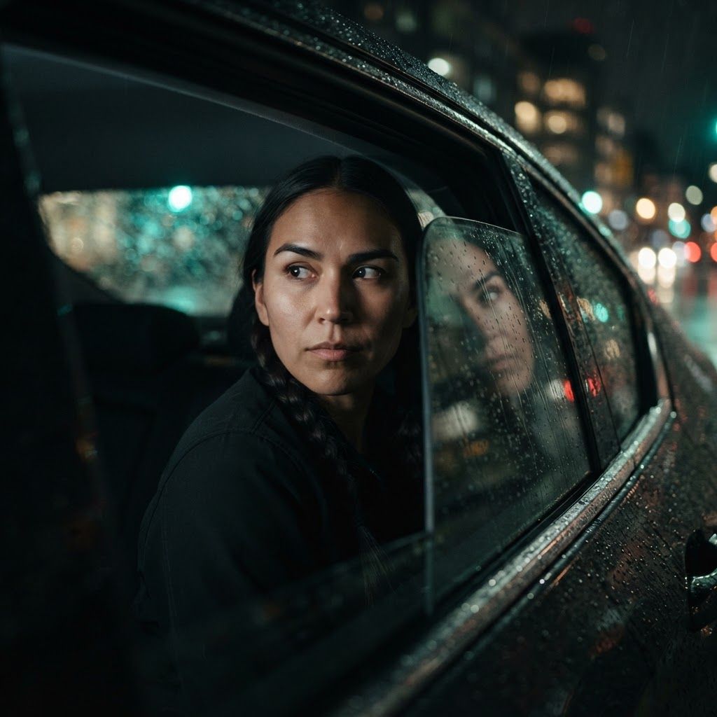 Car Window Reflection: Close portrait through the rear side window of a parked car, rain running in diagonal trails across the glass as the subject glances over…
