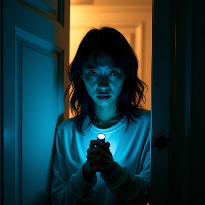 Minimal Blood Clean-Face Survivor Portrait example: Cinematic horror portrait photo. Half-body portrait at a partly open basement door, the survivor gripping a flashlight l