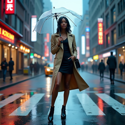 AI-generated photo: Photorealistic lifestyle fashion photo: early-spring city crosswalk in a light rain, clear umbrella ...